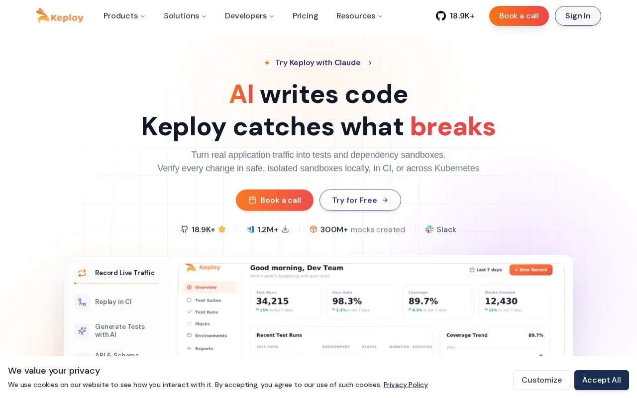 Screenshot of the Keploy homepage