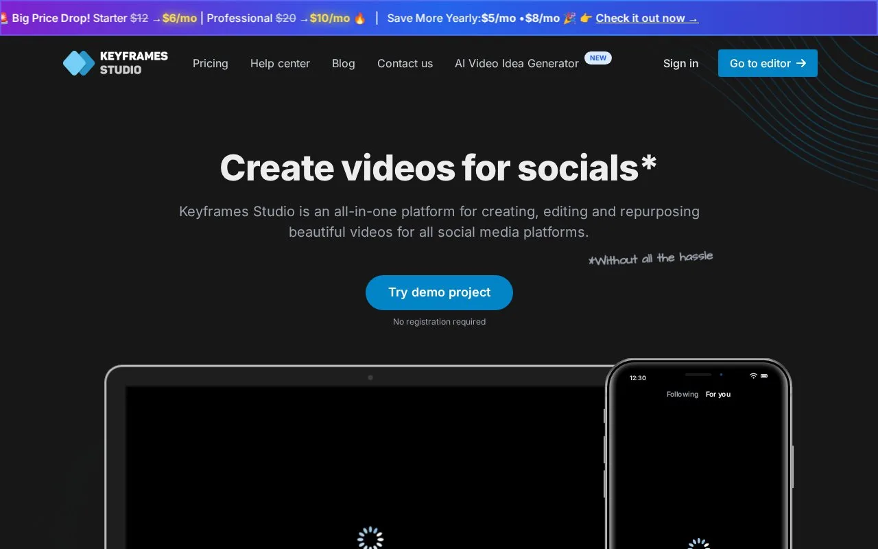 Screenshot of the Keyframes Studio homepage