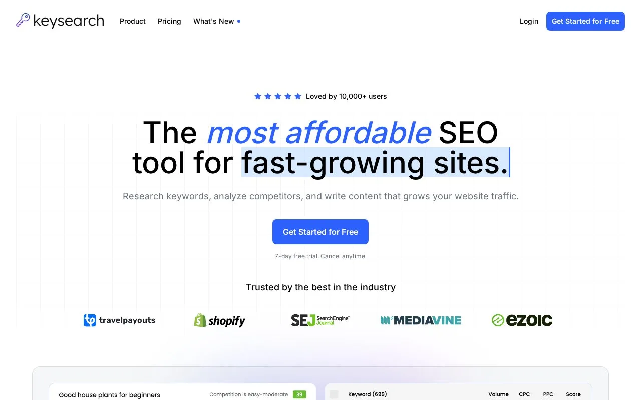 Screenshot of the KeySearch homepage