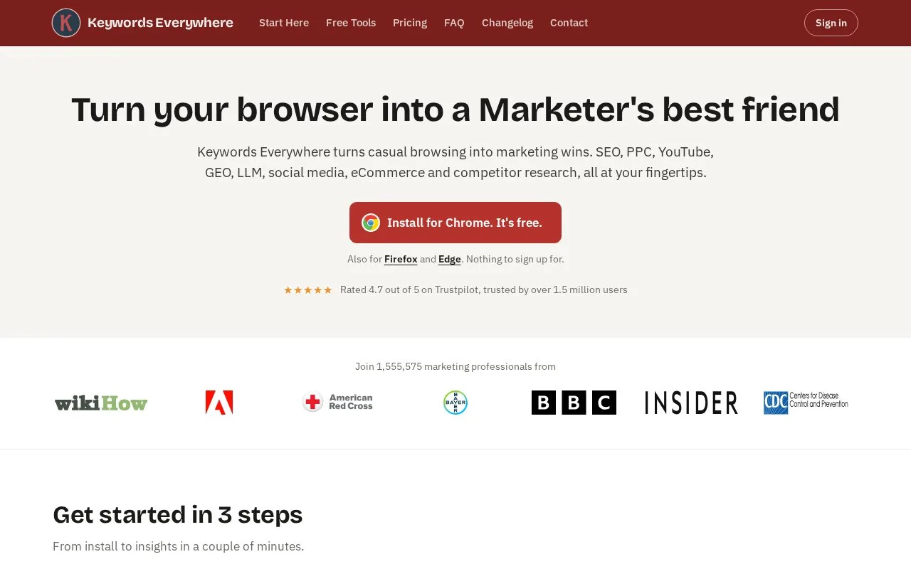 Screenshot of the Keywords Everywhere homepage