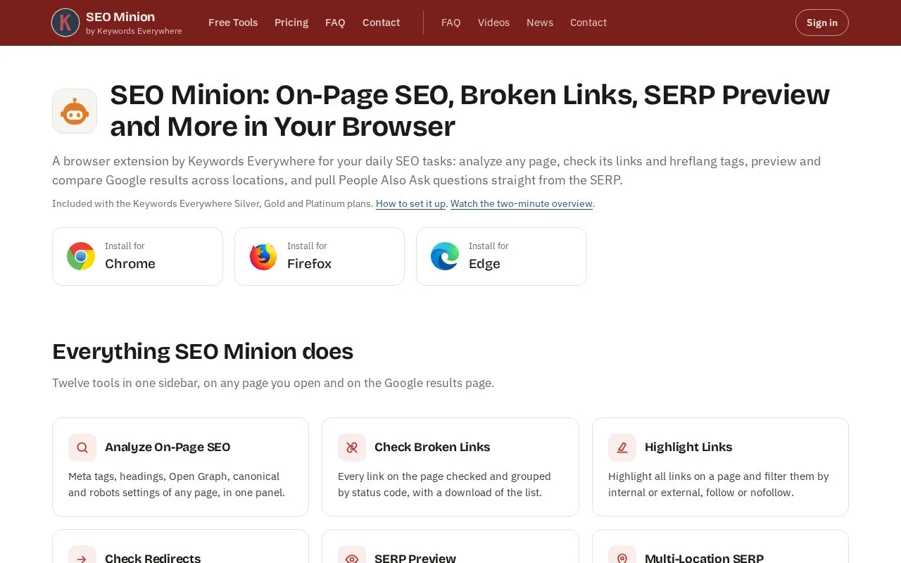 Screenshot of the SEO Minion homepage