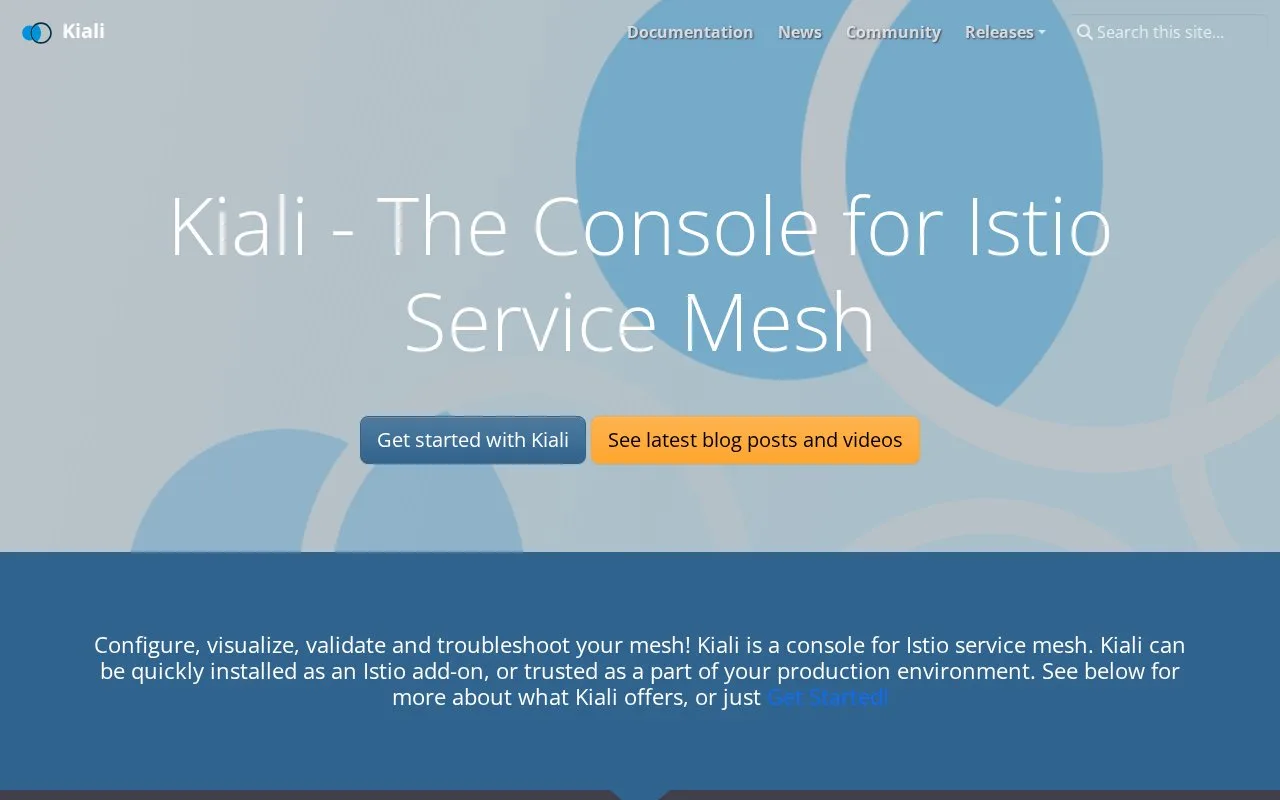 Screenshot of the Kiali homepage