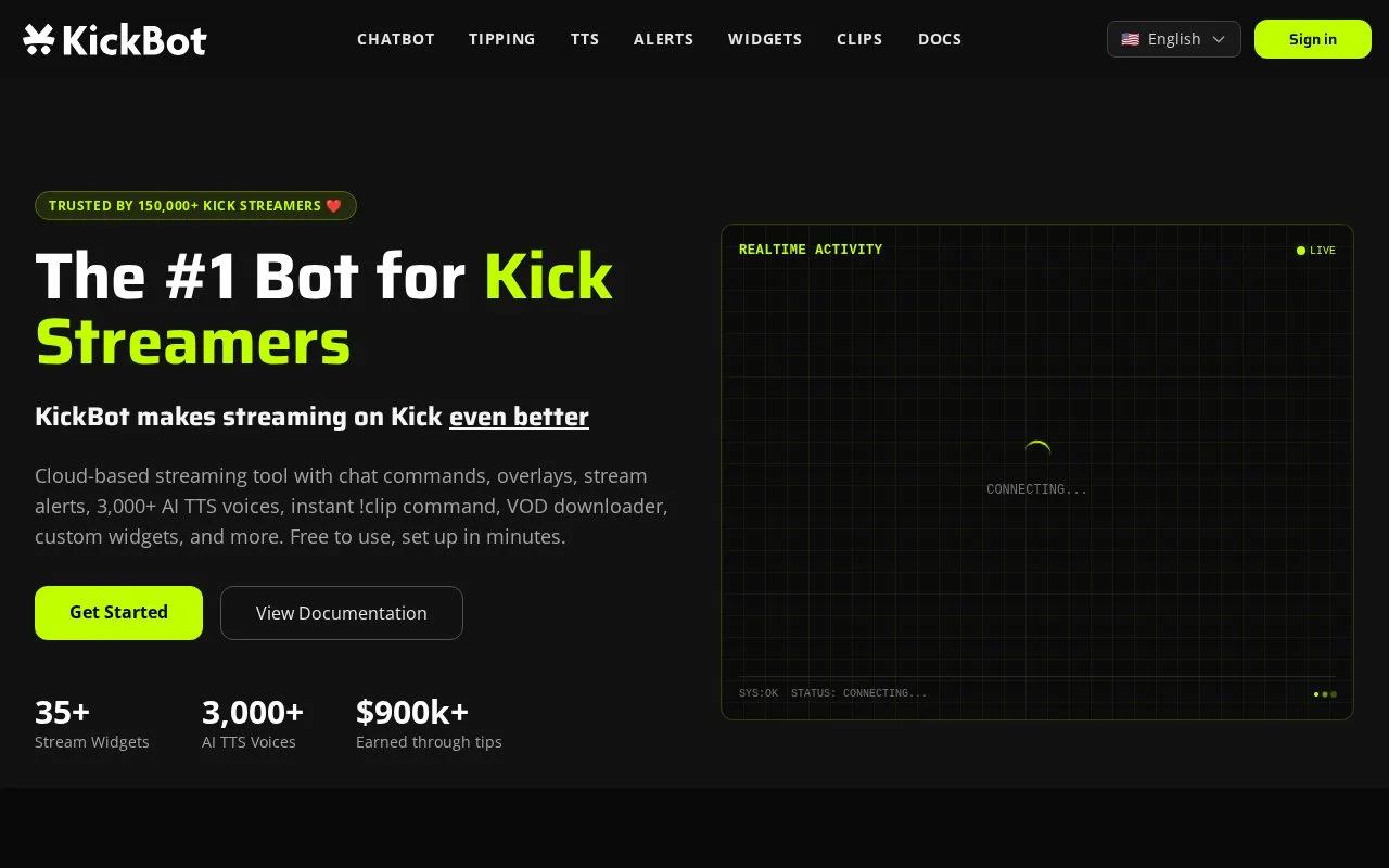 Screenshot of the KickBot homepage