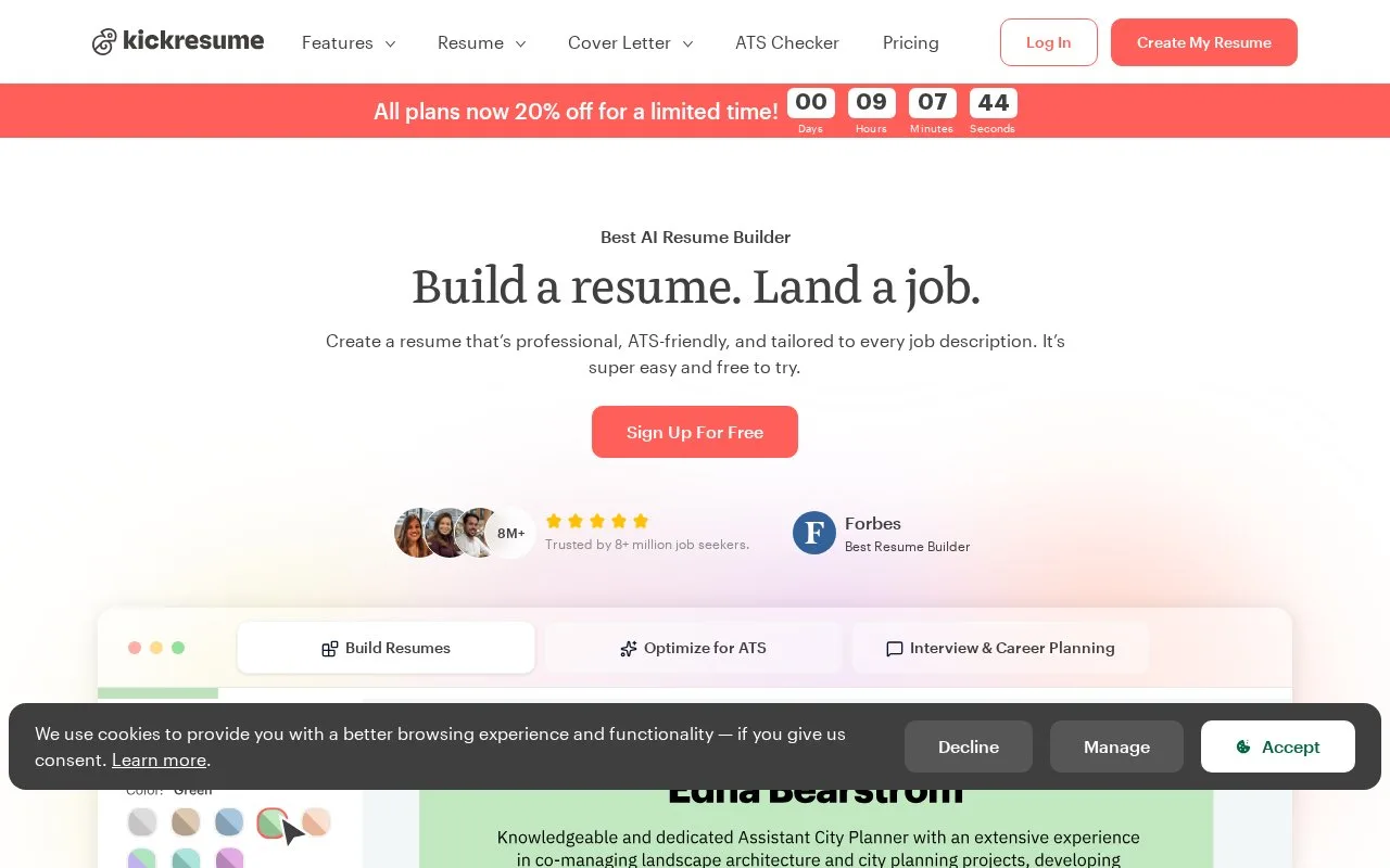 Screenshot of the Kickresume homepage