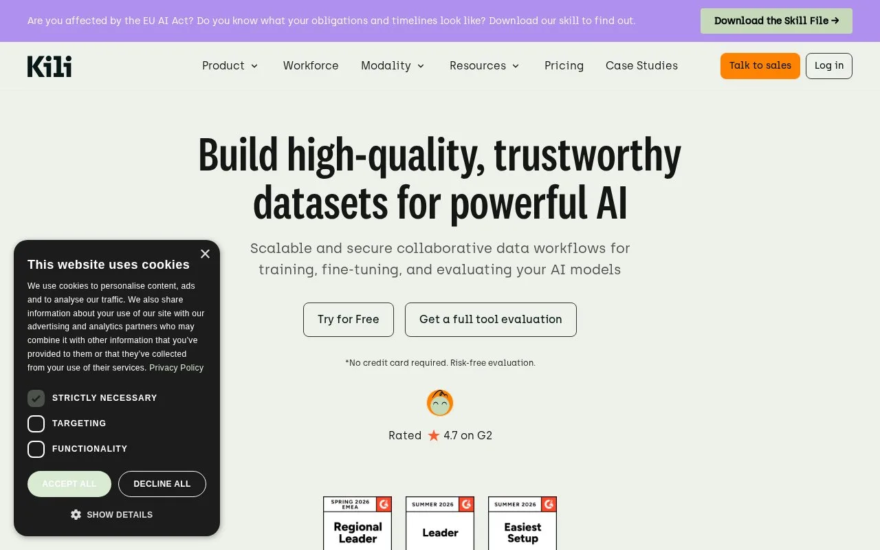 Screenshot of the Kili Technology homepage