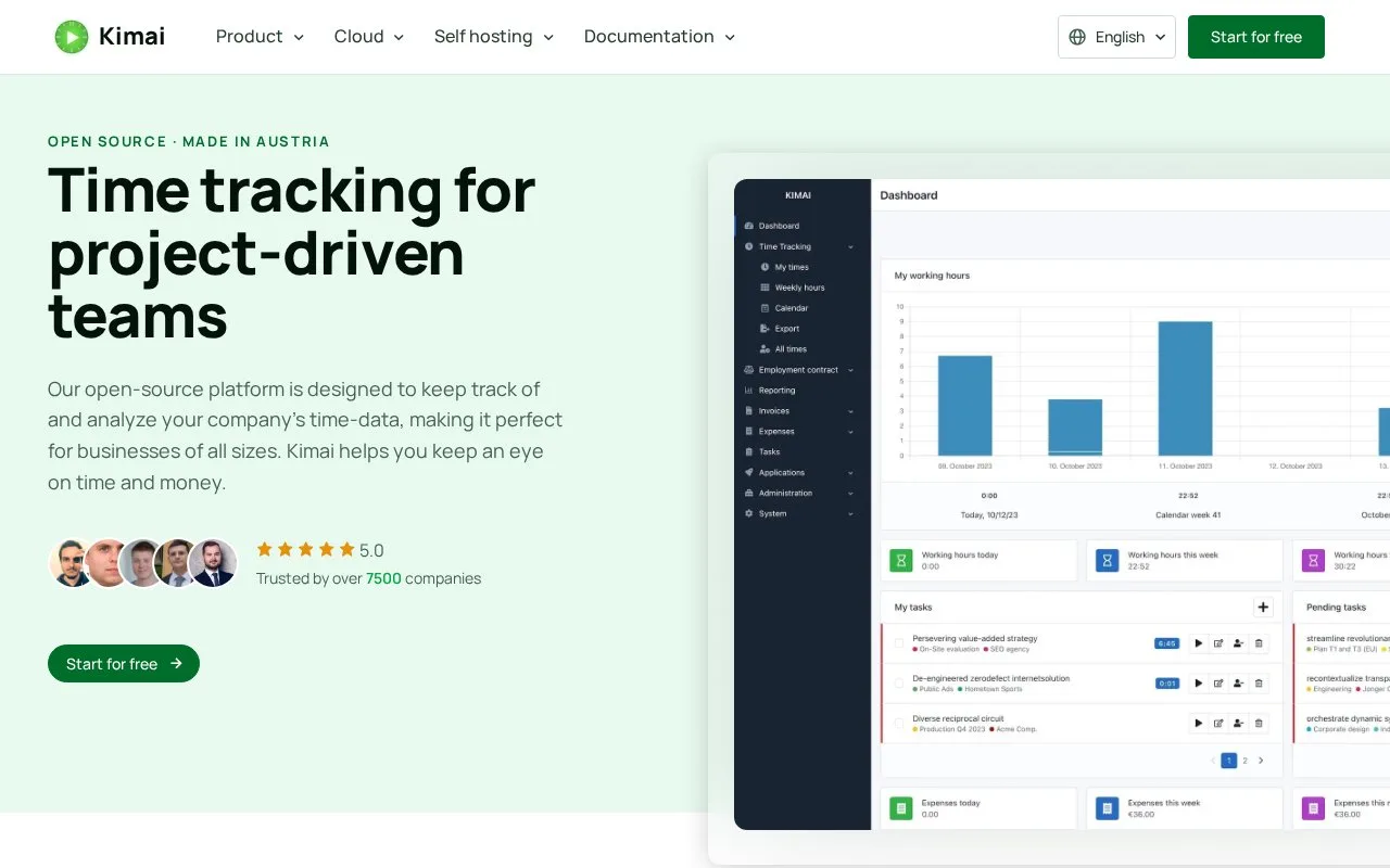 Screenshot of the Kimai homepage