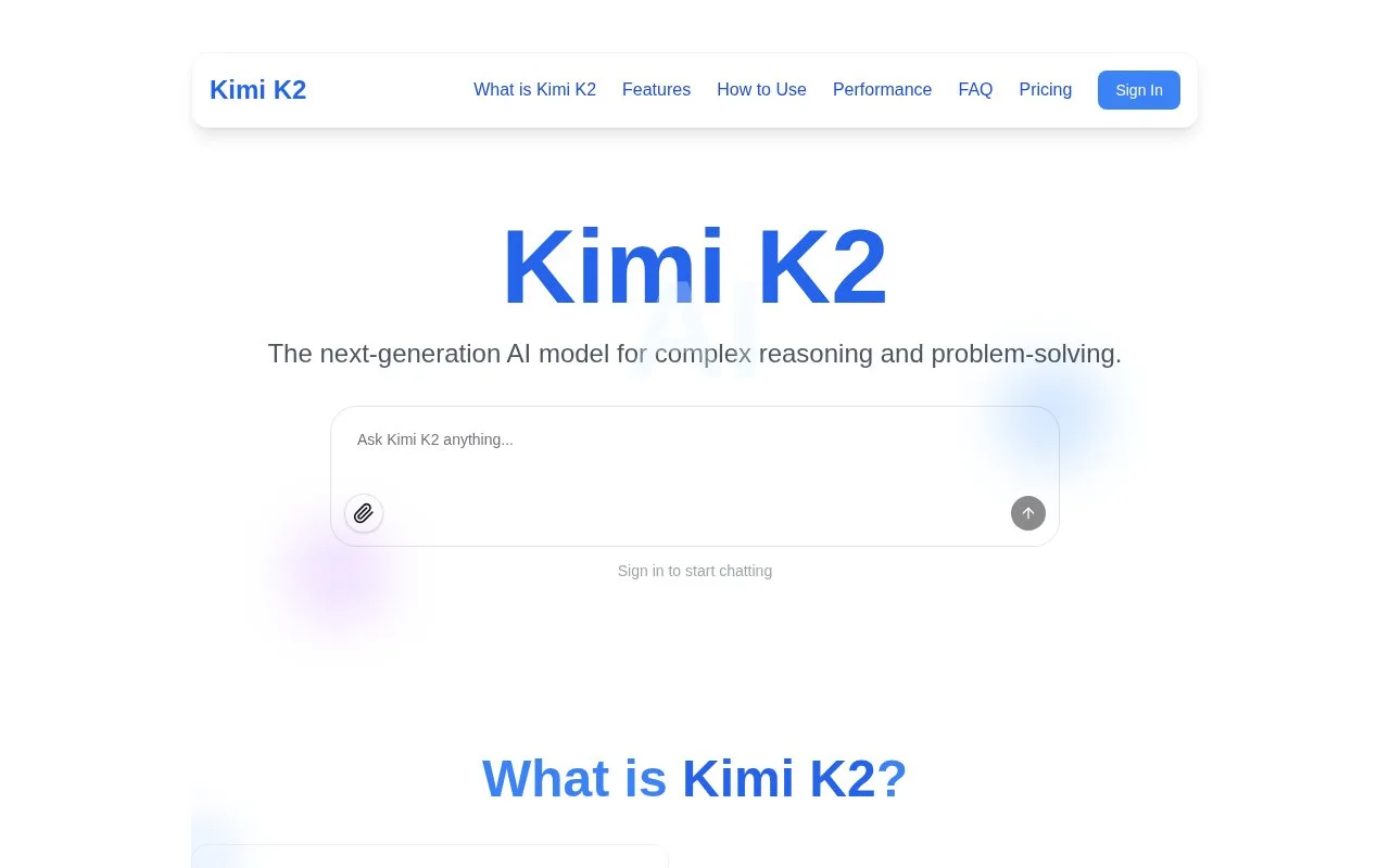 Screenshot of the Kimi K2 homepage