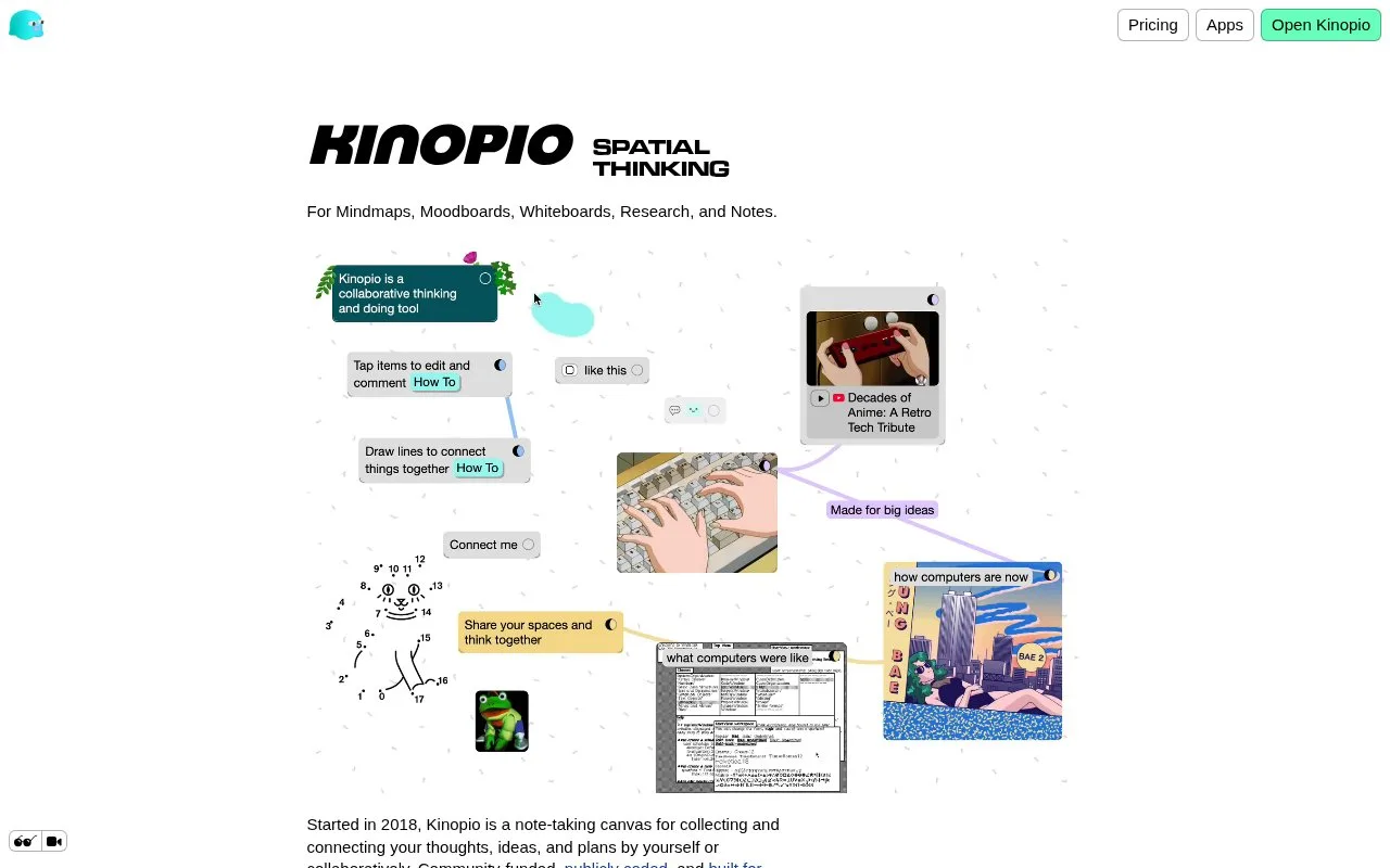 Screenshot of the Kinopio homepage