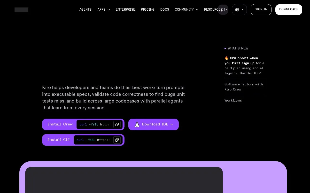 Screenshot of the Kiro homepage