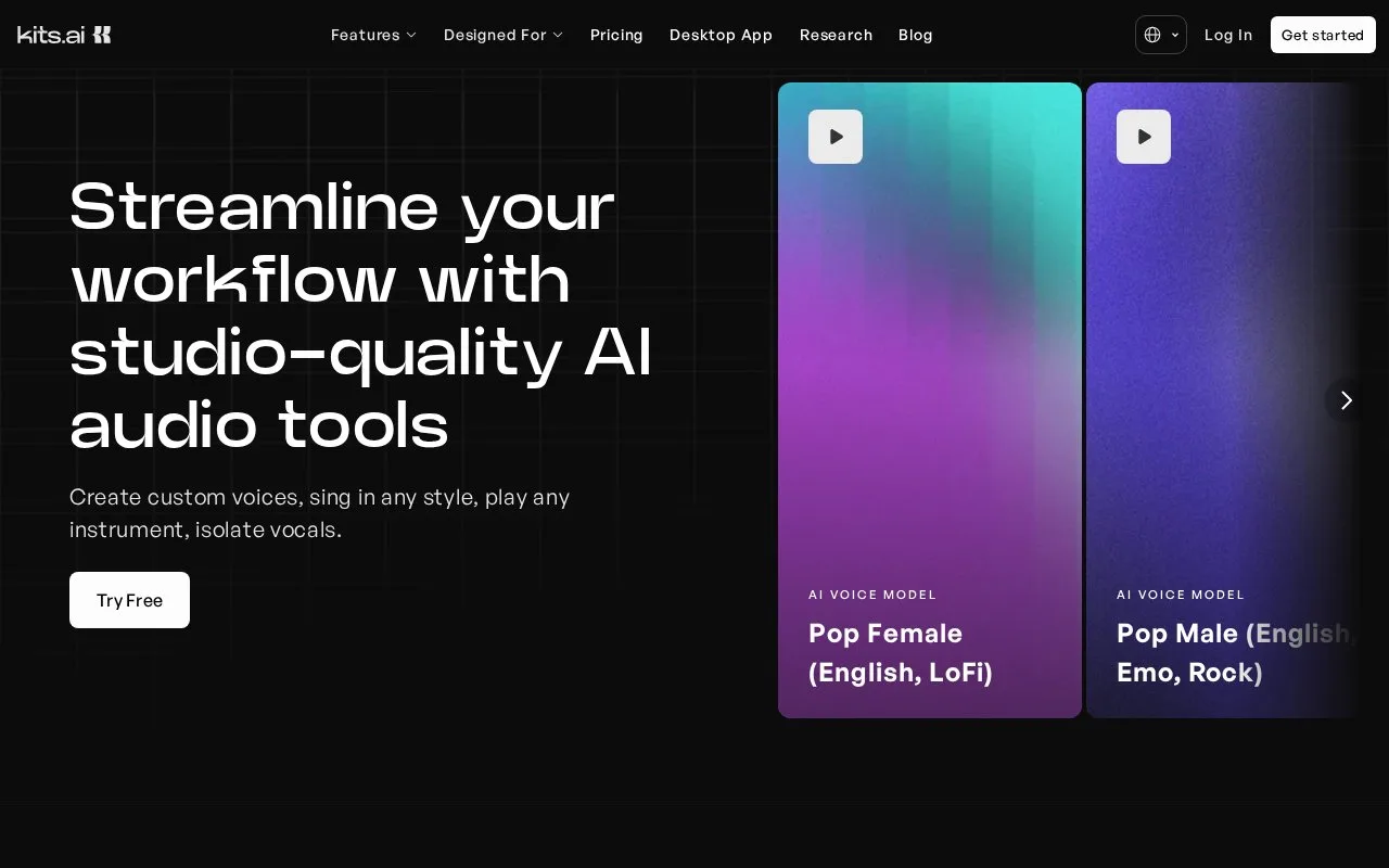 Screenshot of the Kits AI homepage