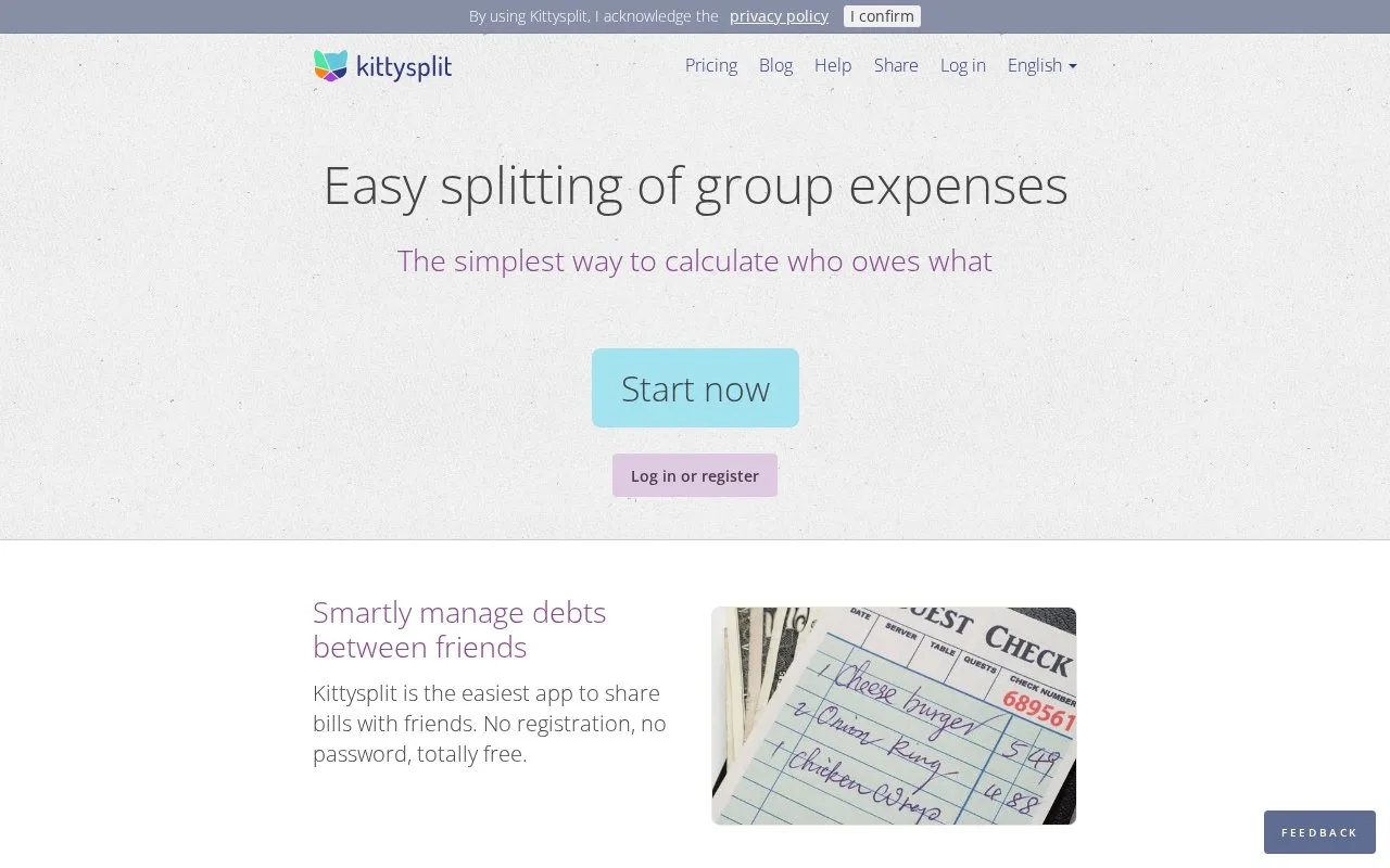 Screenshot of the Kittysplit homepage