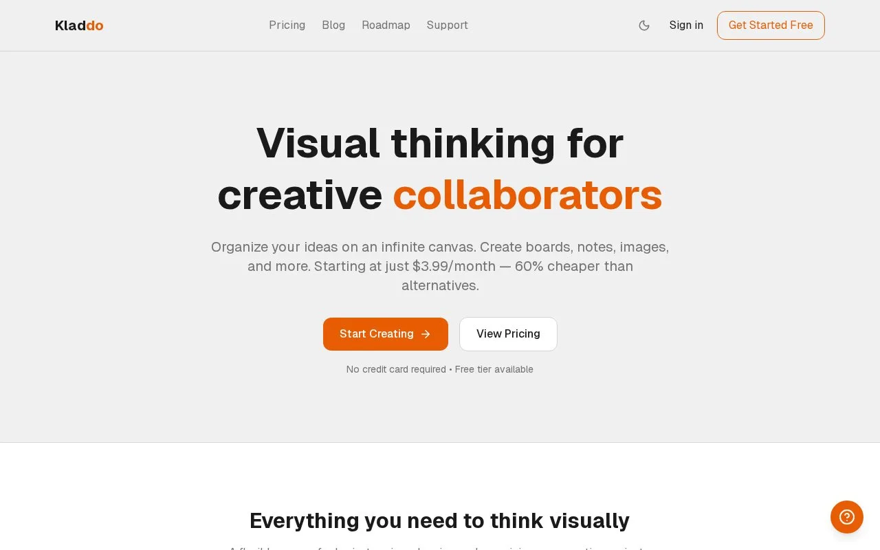 Screenshot of the Kladdo homepage