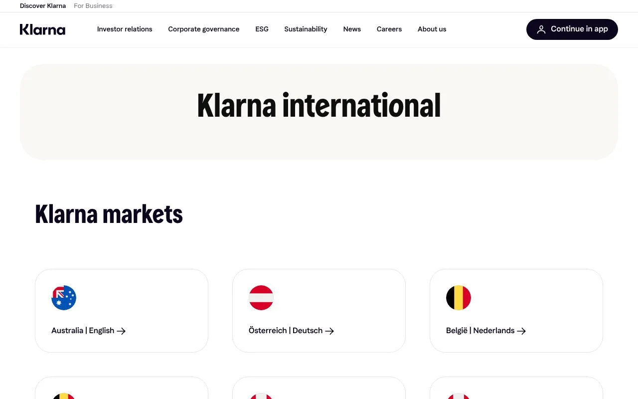 Screenshot of the Klarna homepage