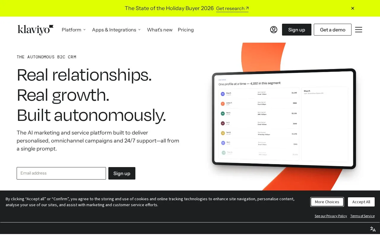 Screenshot of the Klaviyo homepage
