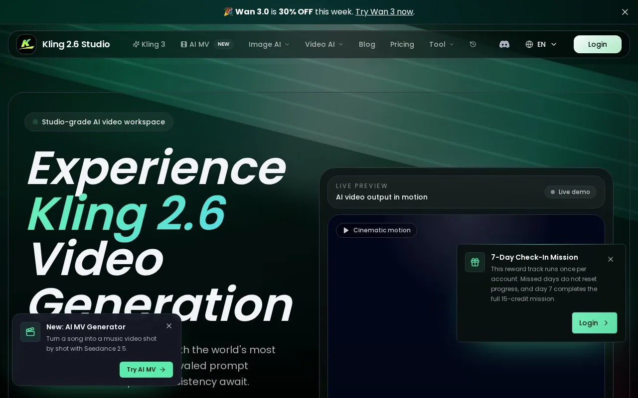 Screenshot of the Kling 2.6 Studio homepage