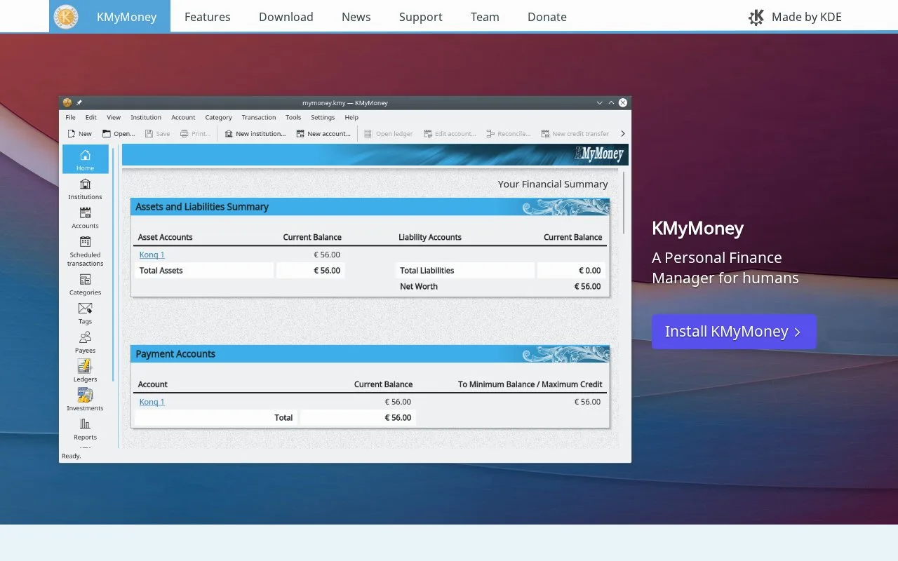 Screenshot of the KMyMoney homepage