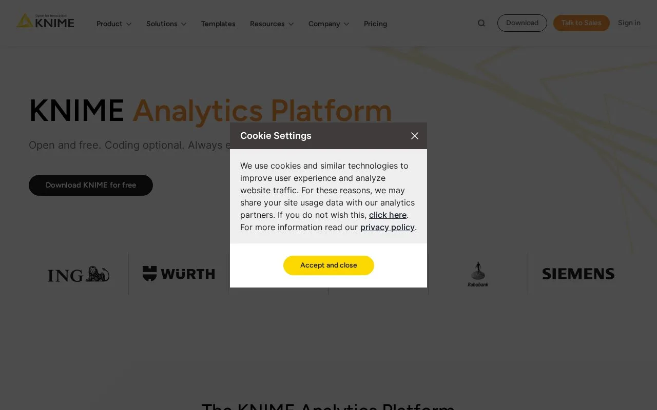 Screenshot of the KNIME Analytics Platform homepage