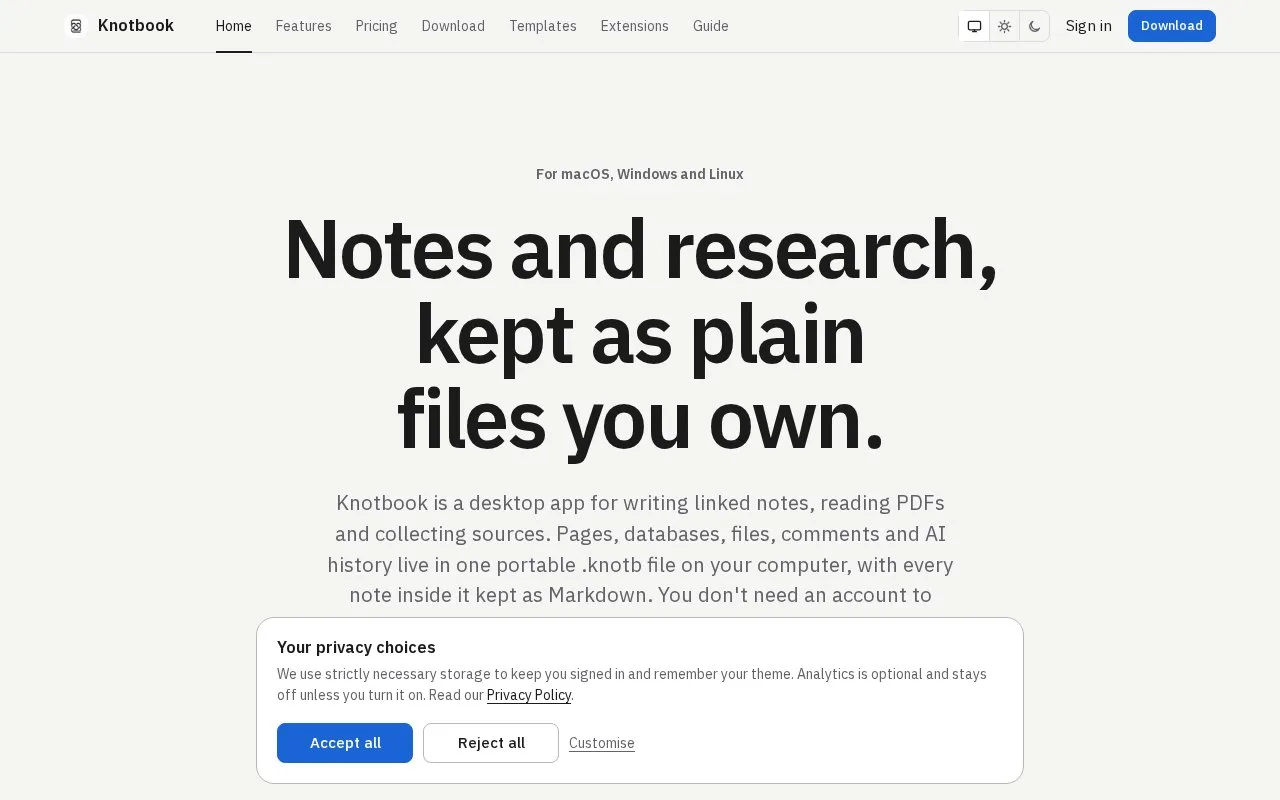 Screenshot of the Knotbook homepage
