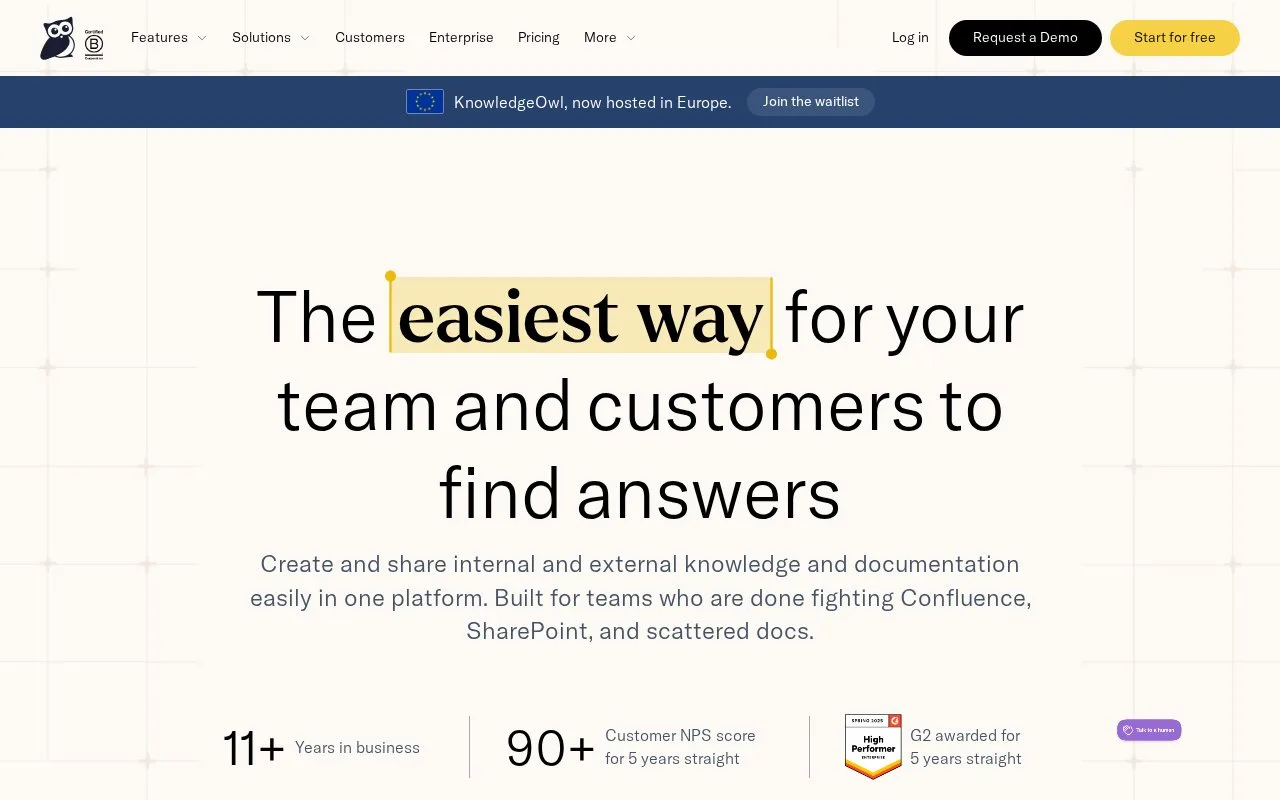 Screenshot of the KnowledgeOwl homepage
