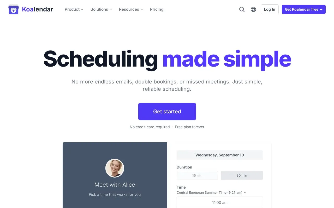 Screenshot of the Koalendar homepage