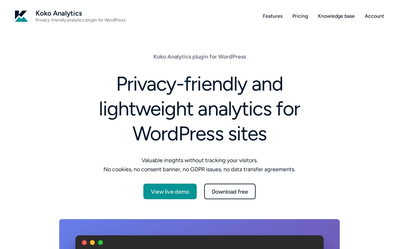 Screenshot of the Koko Analytics homepage