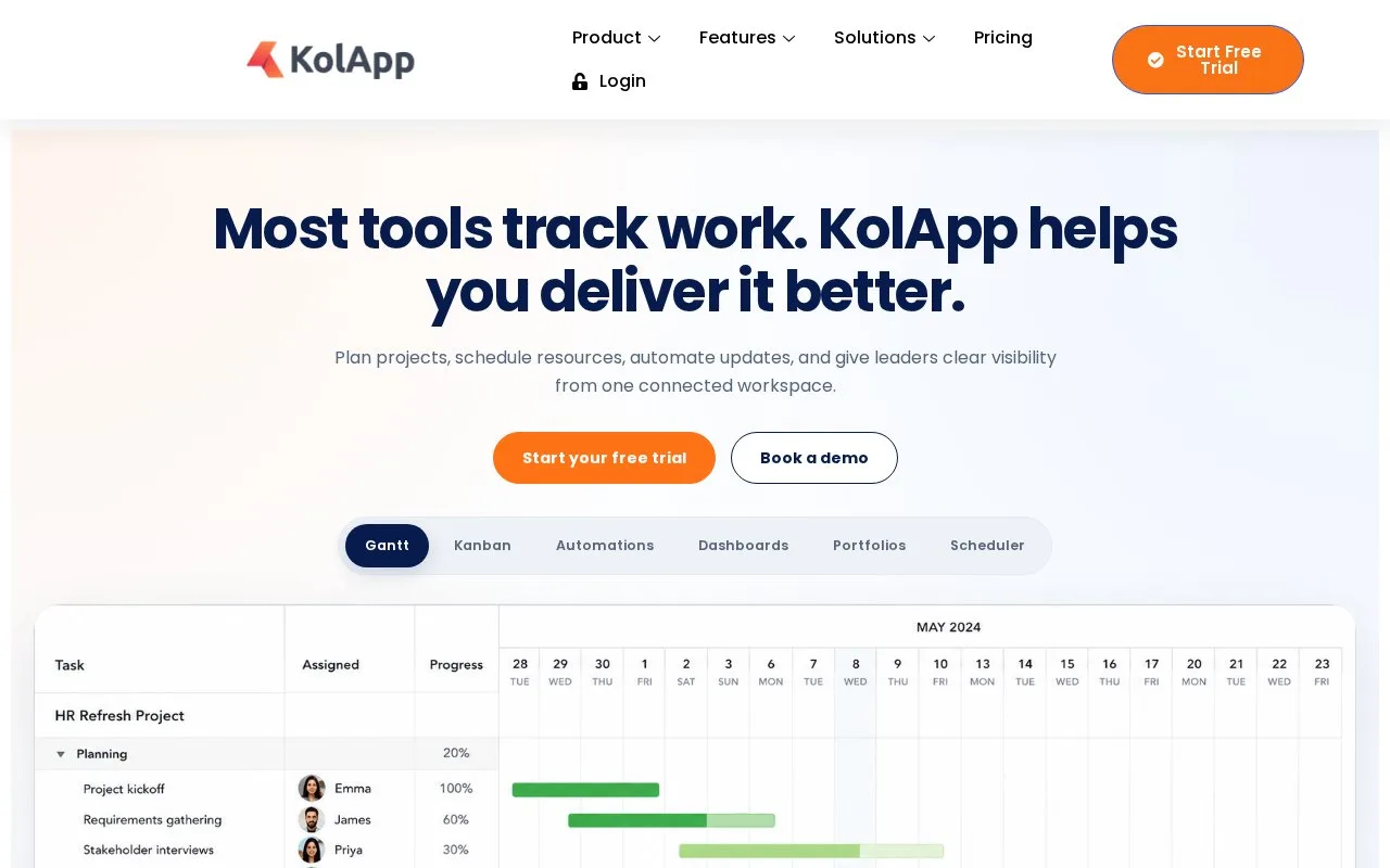Screenshot of the KolApp homepage