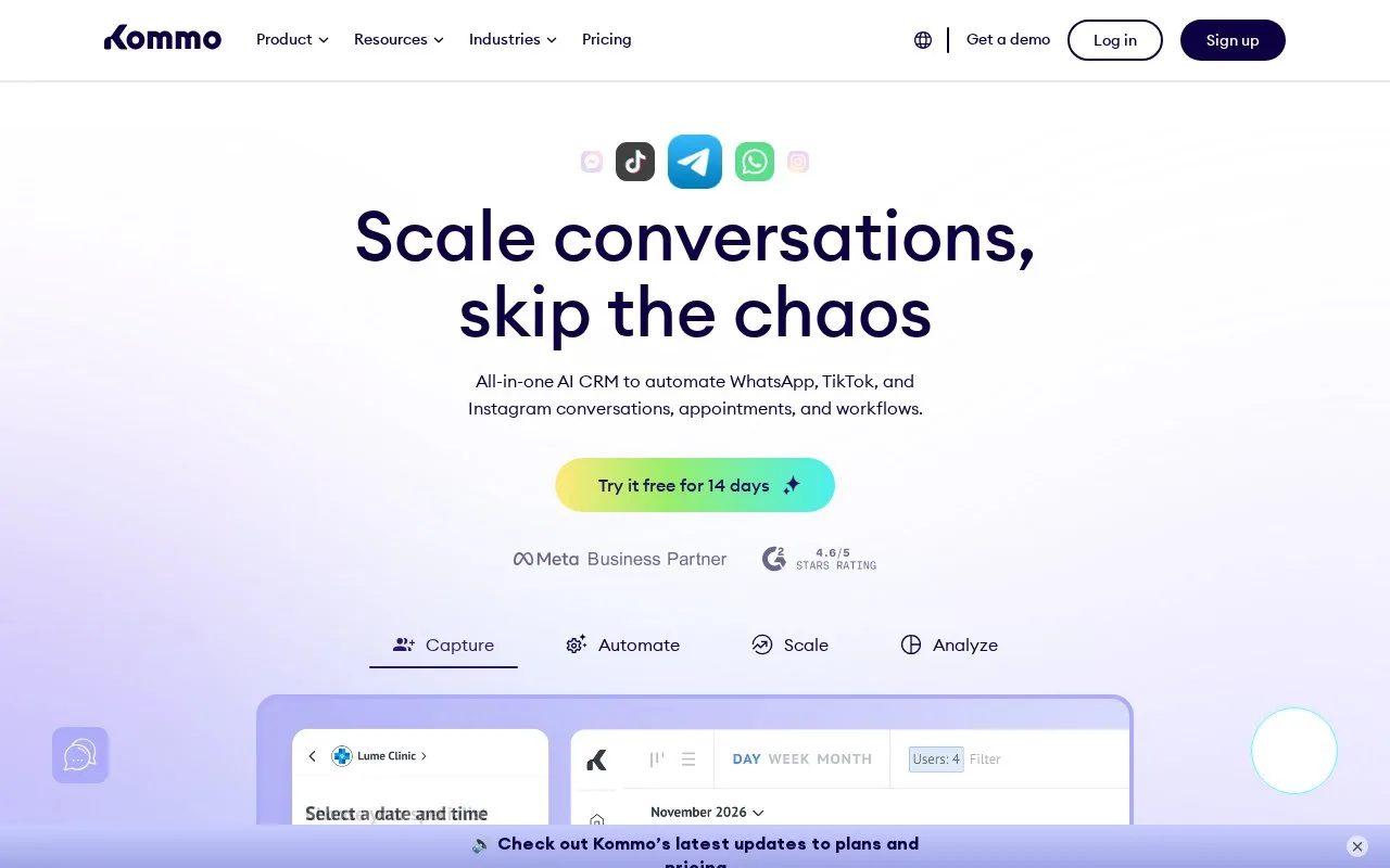 Screenshot of the Kommo homepage