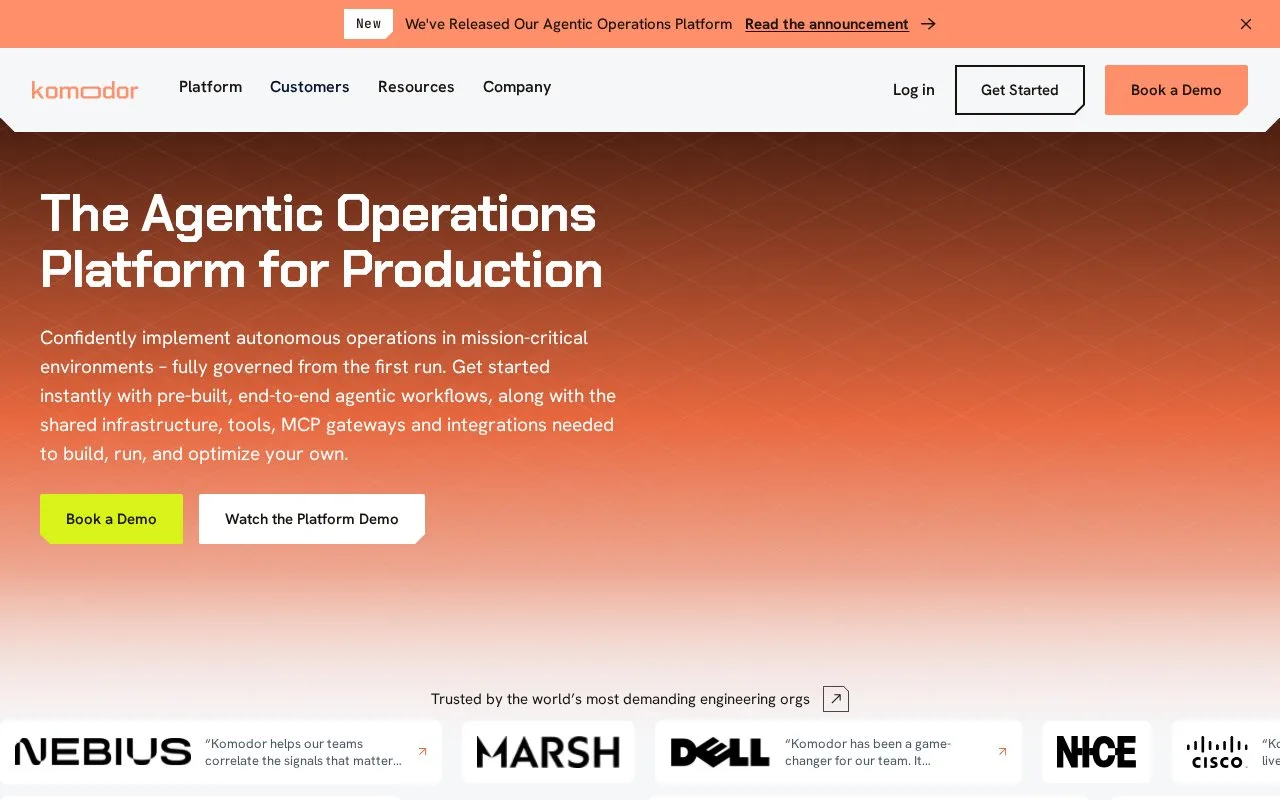 Screenshot of the Komodor Agentic Operations Platform homepage