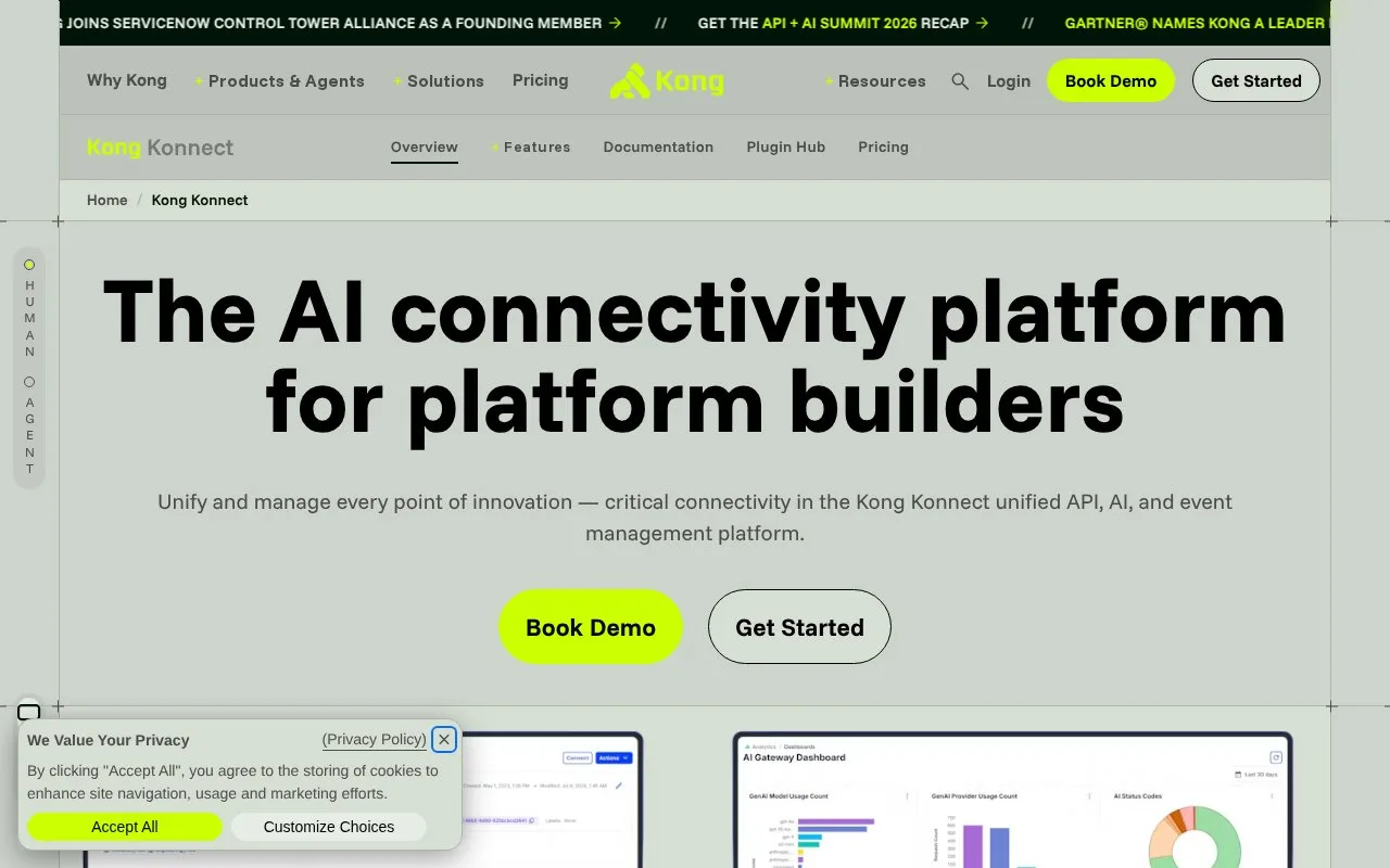 Screenshot of the Kong Konnect homepage