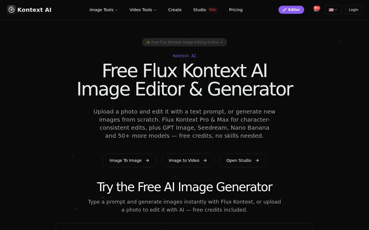 Screenshot of the Kontext AI homepage
