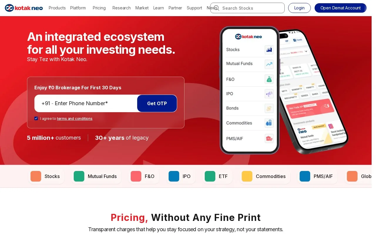 Screenshot of the Kotak Neo homepage