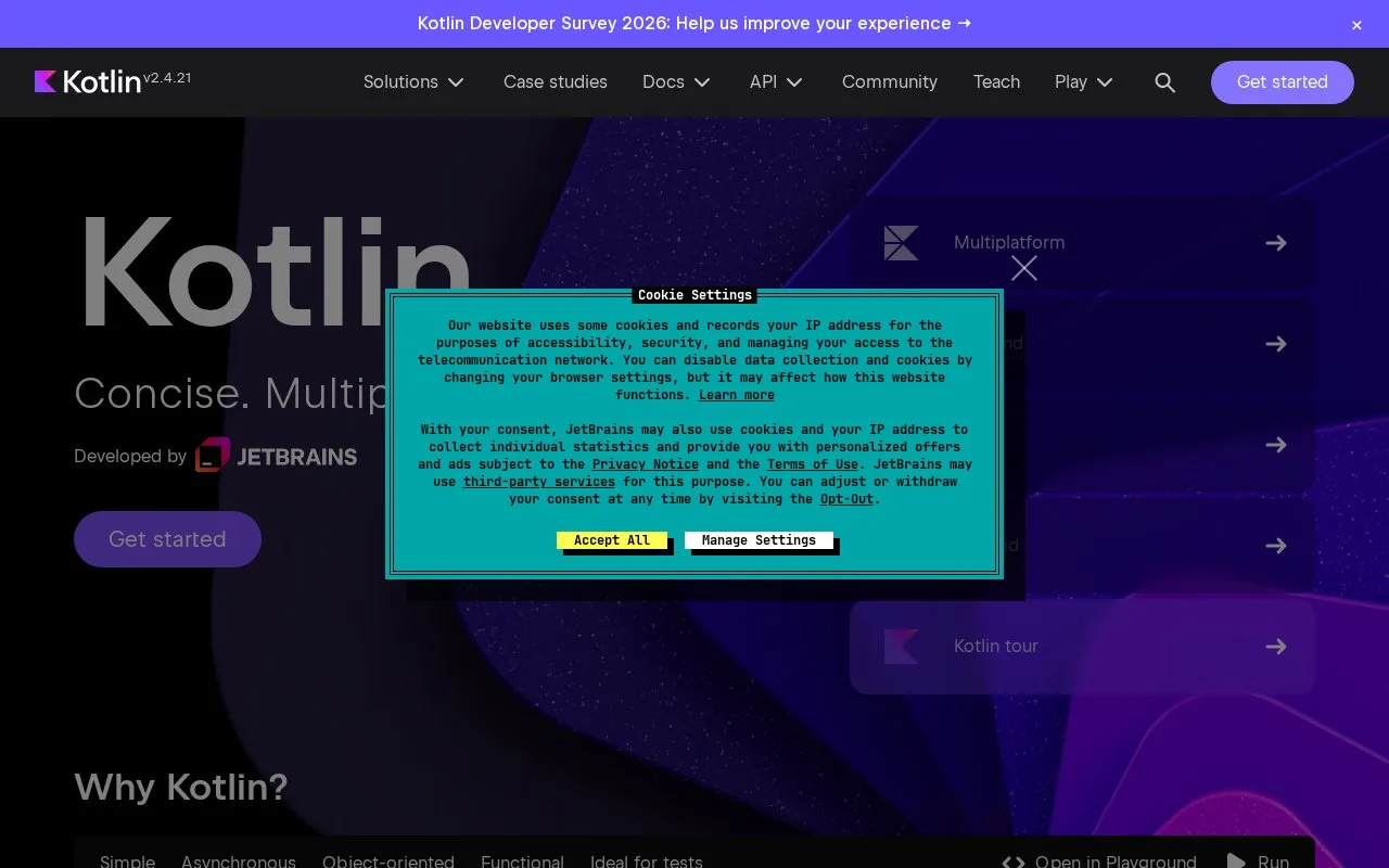Screenshot of the Kotlin homepage