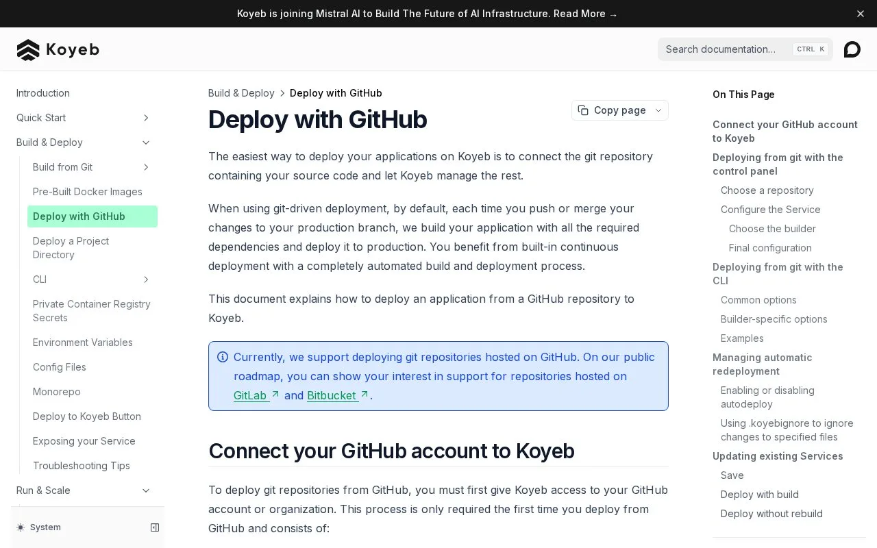 Screenshot of the Koyeb homepage