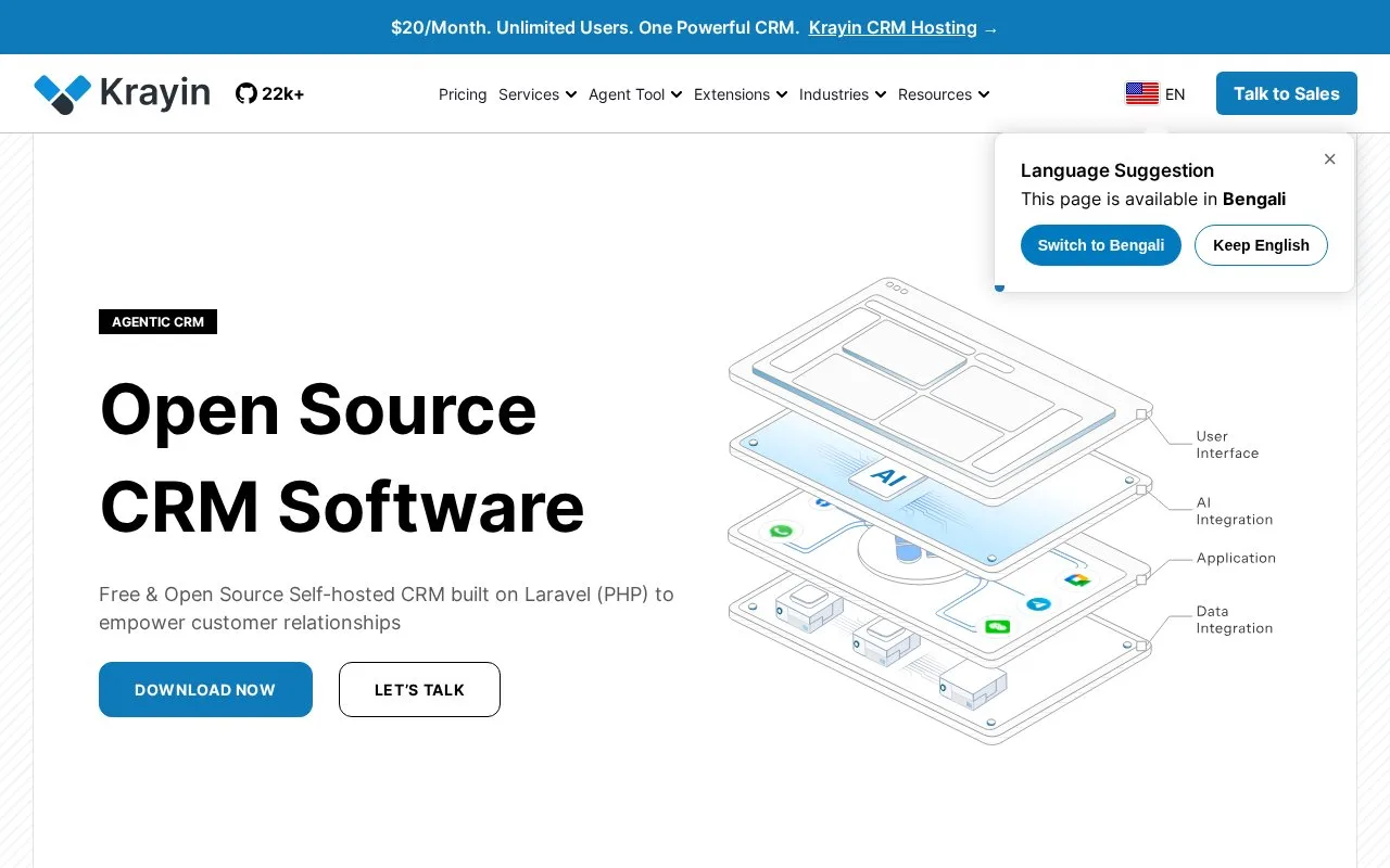 Screenshot of the Krayin CRM homepage