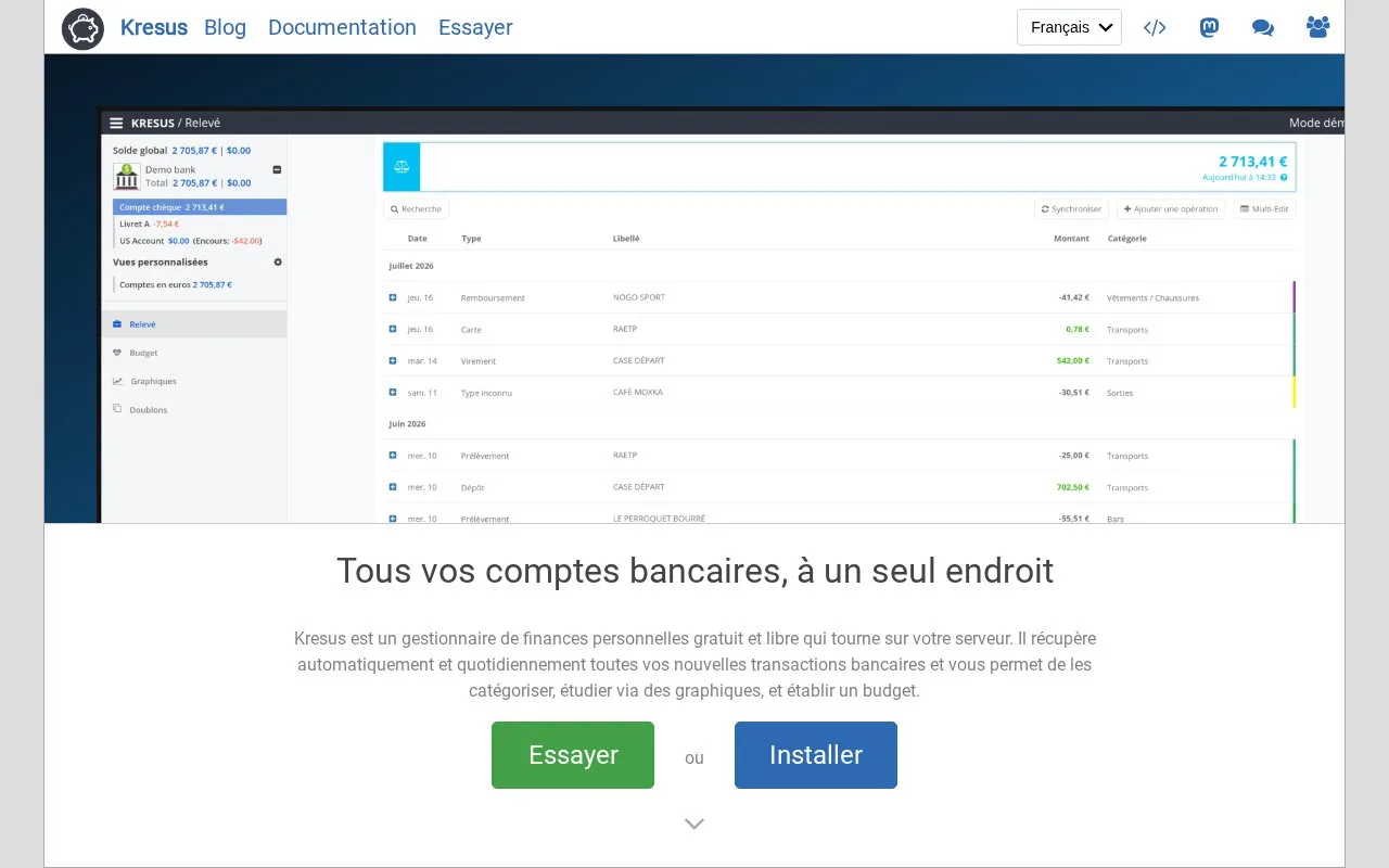 Screenshot of the Kresus homepage