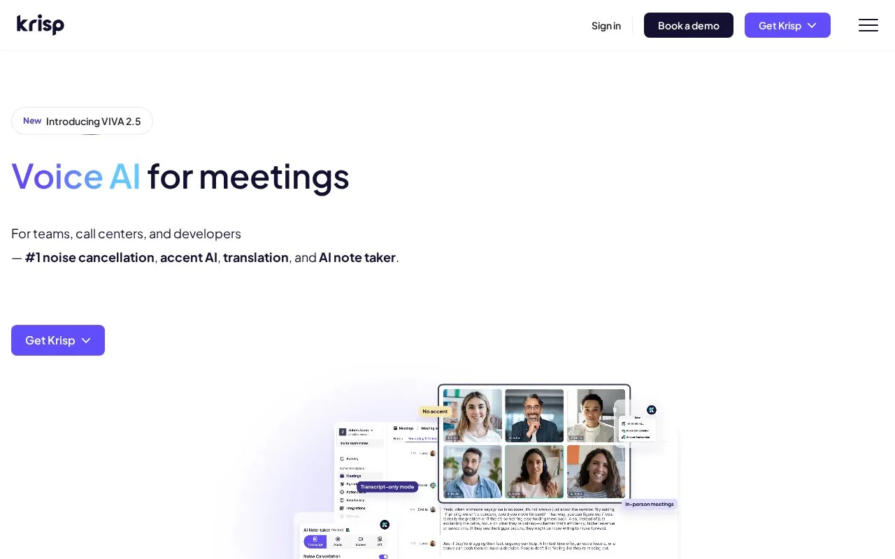 Screenshot of the Krisp homepage