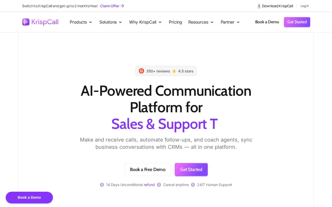 Screenshot of the KrispCall homepage