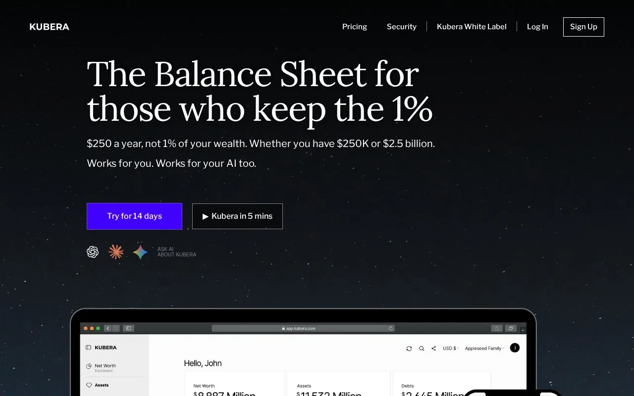 Screenshot of the Kubera homepage