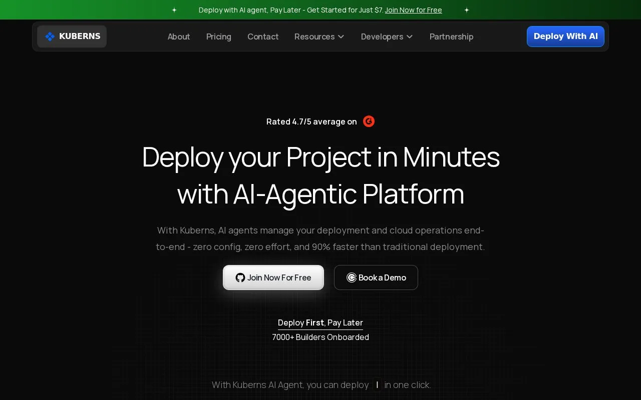 Screenshot of the Kuberns homepage