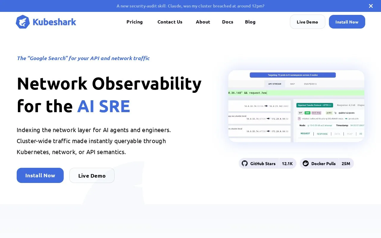 Screenshot of the Kubeshark homepage