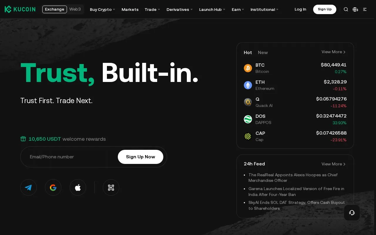 Screenshot of the KuCoin homepage