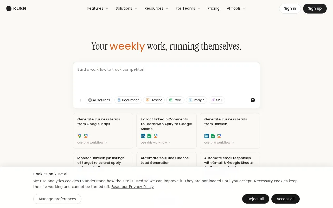 Screenshot of the Kuse homepage
