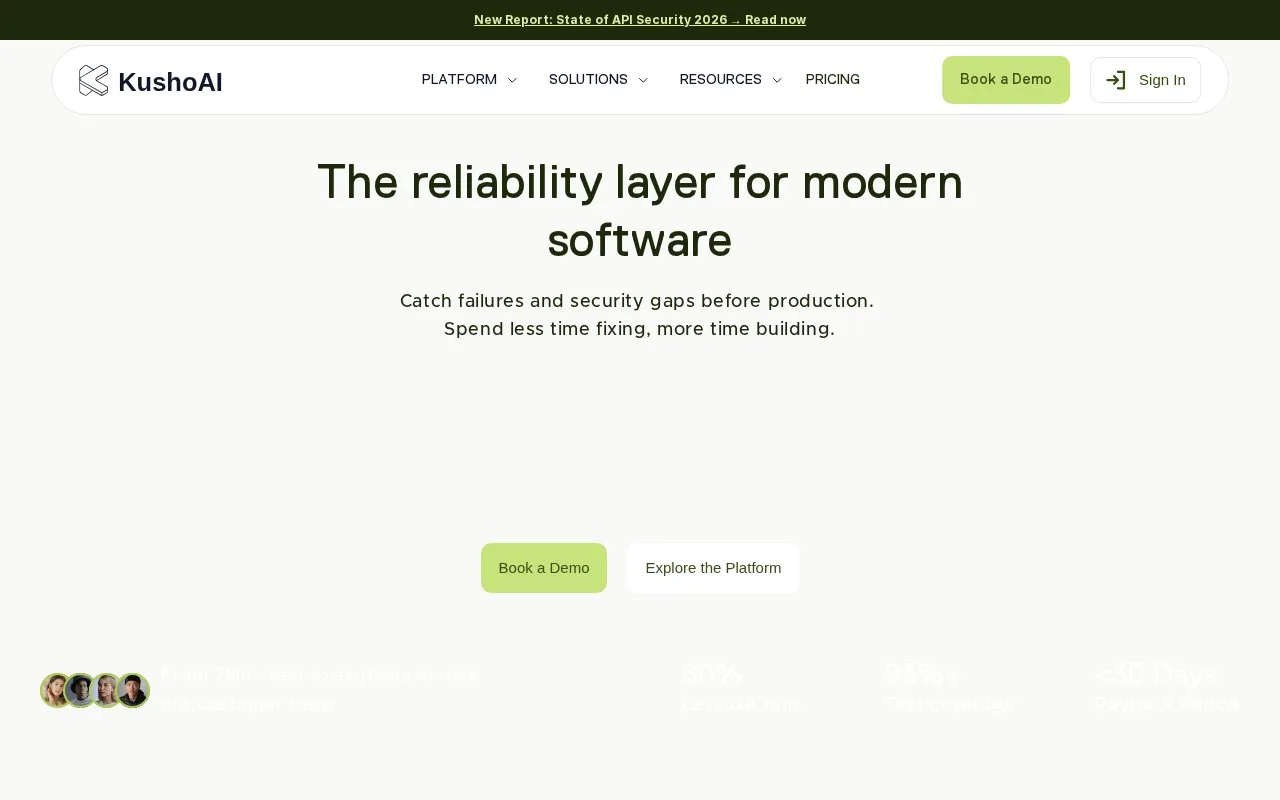 Screenshot of the KushoAI homepage