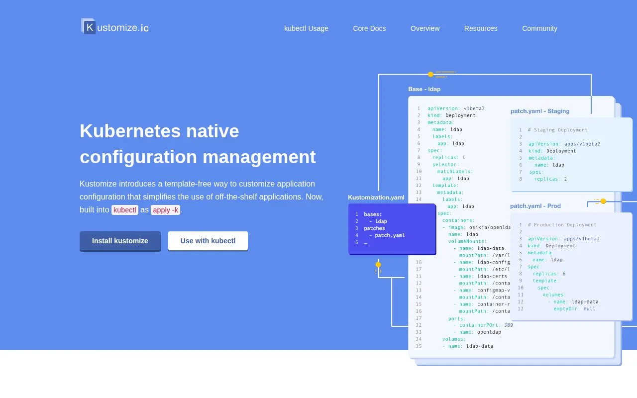 Screenshot of the Kustomize homepage