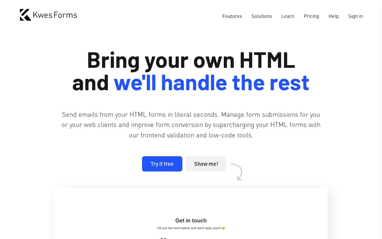 Screenshot of the KwesForms homepage