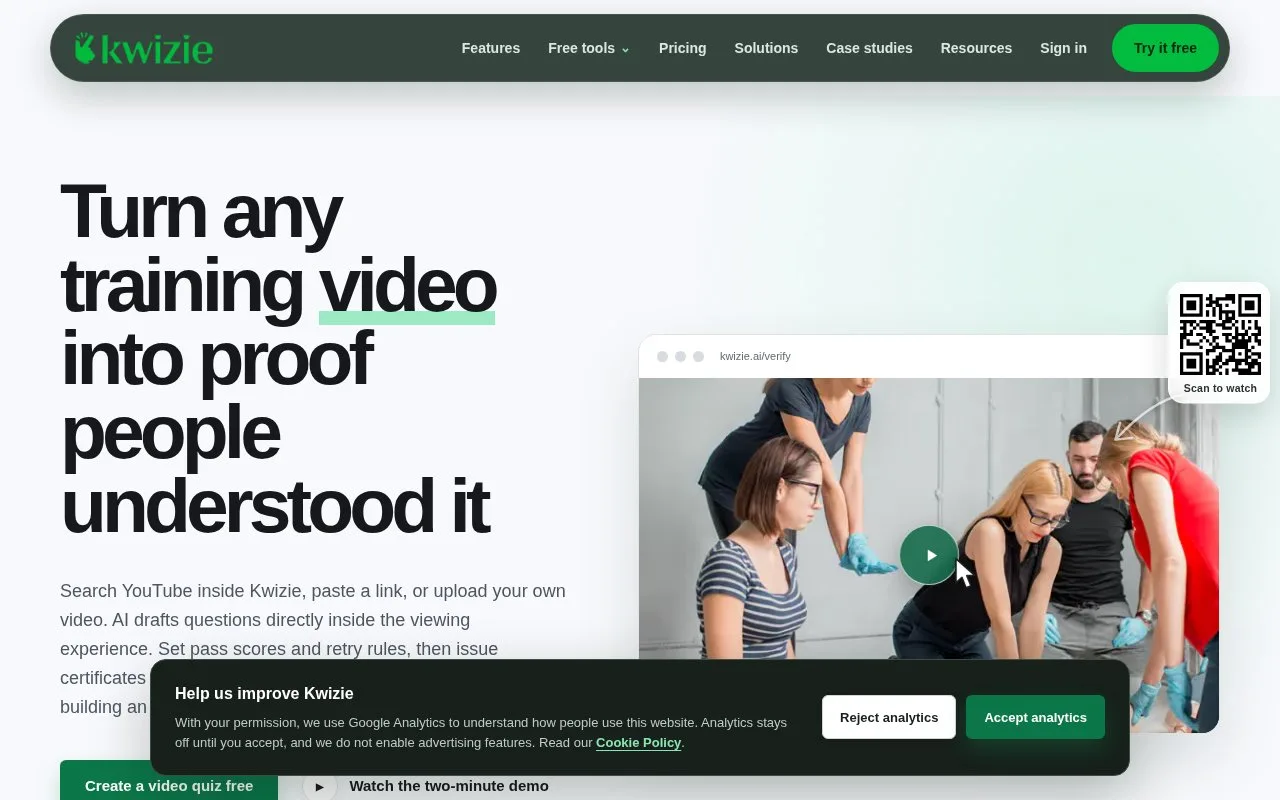 Screenshot of the Kwizie homepage