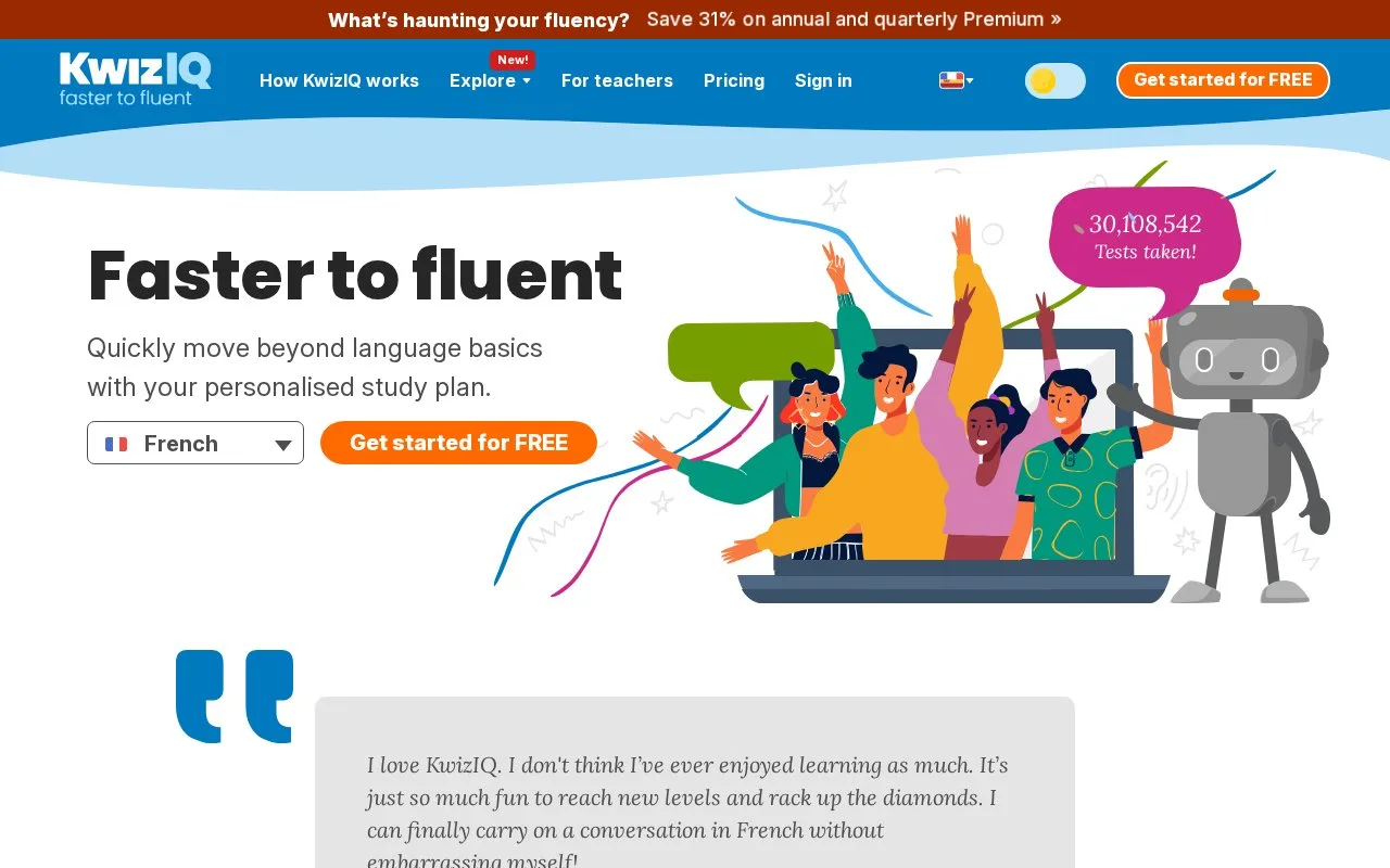 Screenshot of the Kwiziq homepage
