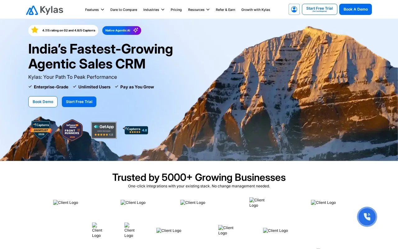 Screenshot of the Kylas homepage