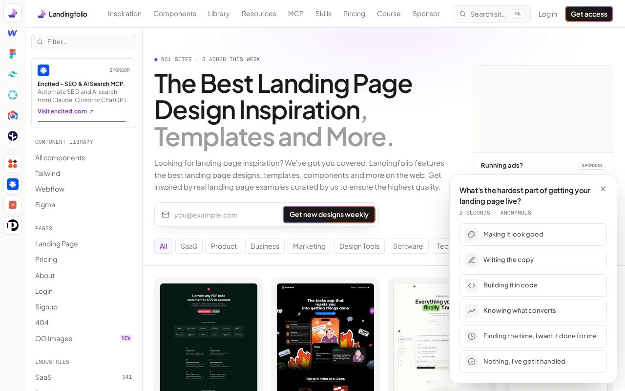 Screenshot of the Landingfolio homepage