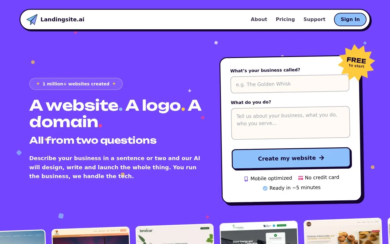 Screenshot of the Landingsite.ai homepage